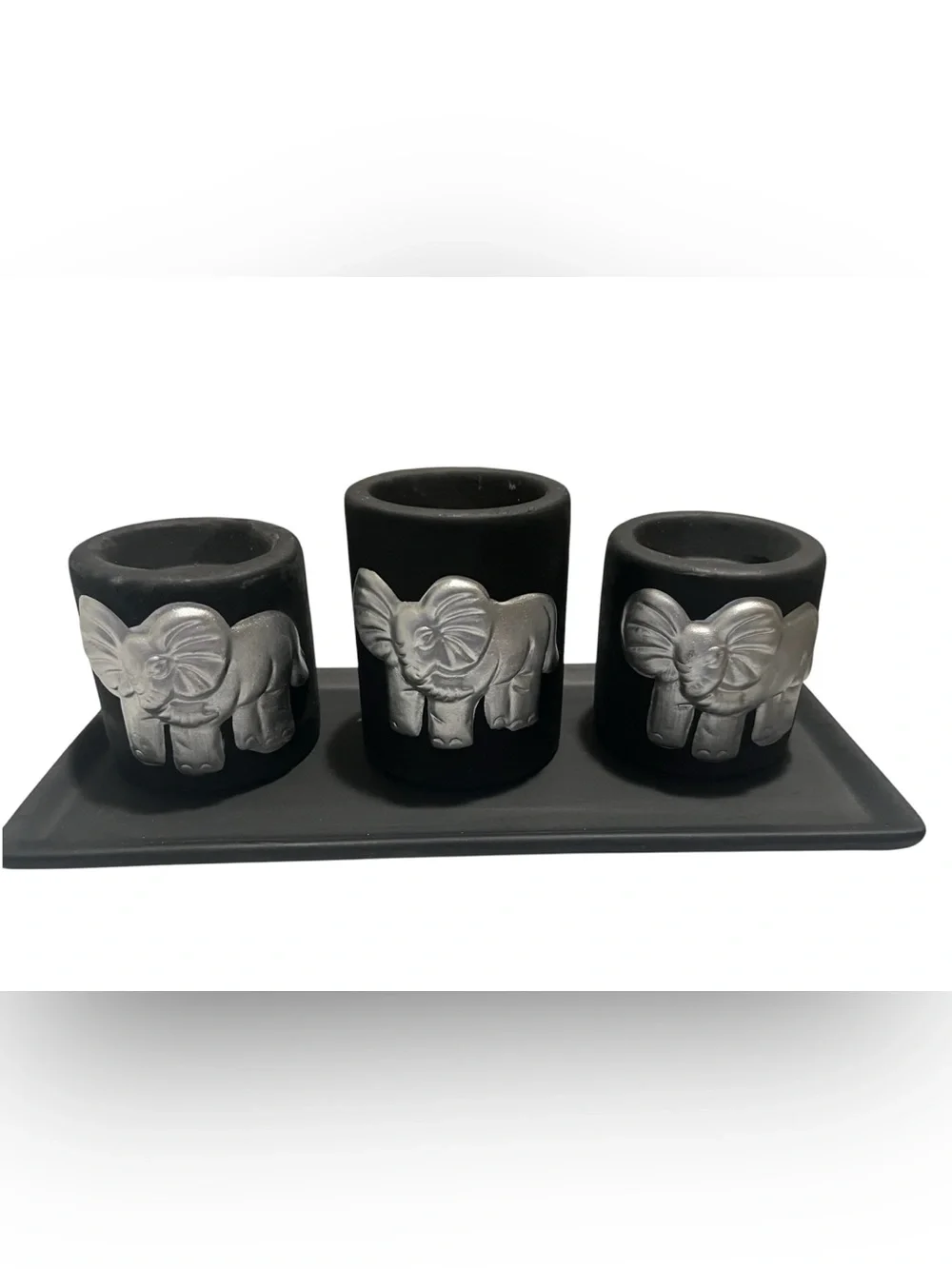 Black and Silver Elephant Candle Holder Set